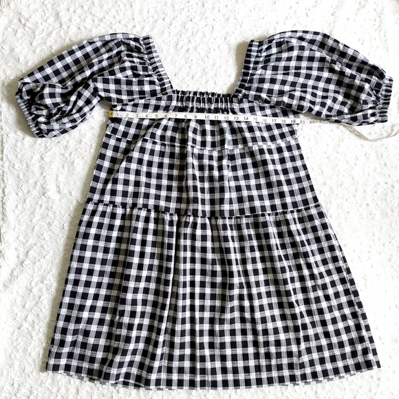 Gingham Black & White Puff Sleeve Square Neck Tiered Dress- Size L - Picture 6 of 10